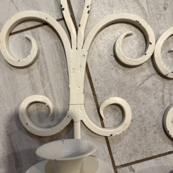 Vintage Iron Cast White Distressed Candleholders pair of two set cream tan wall - Picture 4 of 5
